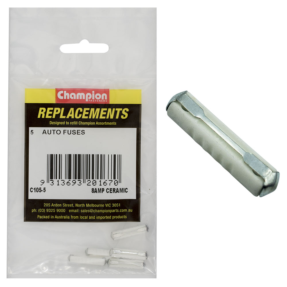Champion 6Ac 8Amp Ceramic (Euro) Fuse -5pk