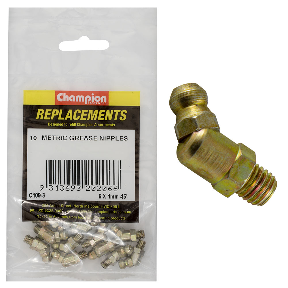 Champion M6 x 1.00mm 45-Deg. Grease Nipple -10pk