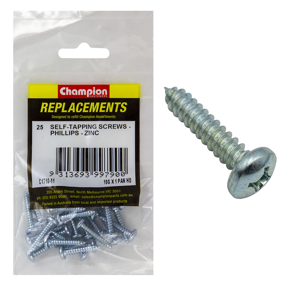 Champion 10G x 1in S/Tapping Screw Pan Hd Phillips (Zn)-25pk