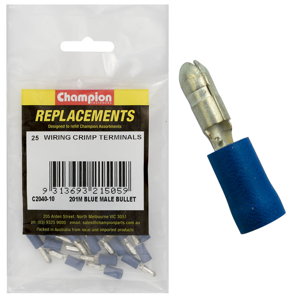 Champion Crimp Terminals Bullet Male Blue 4mm - 25pk