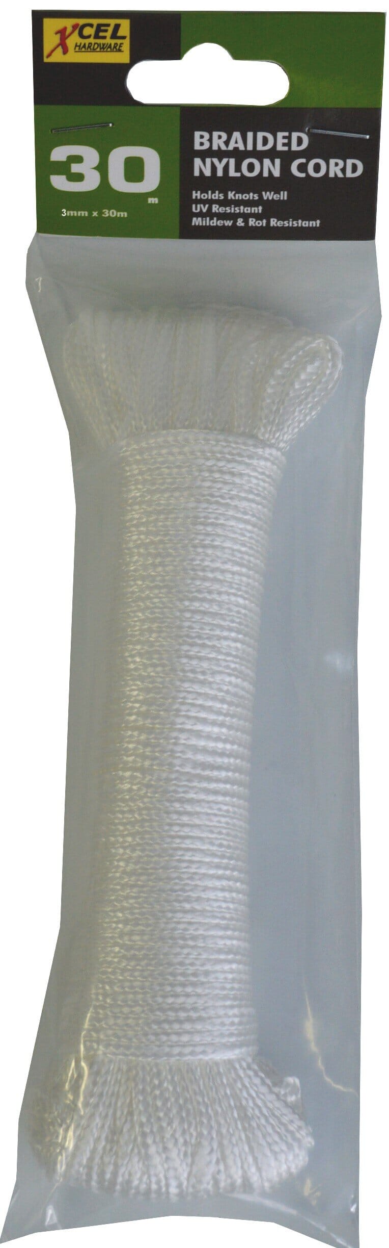 Xcel Braided Nylon Cord 30m White in Polybag 3mm