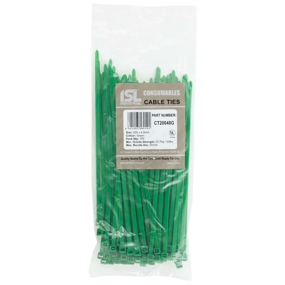ISL 200 x 4.8mm Nylon Cable Tie - Green - 100pk