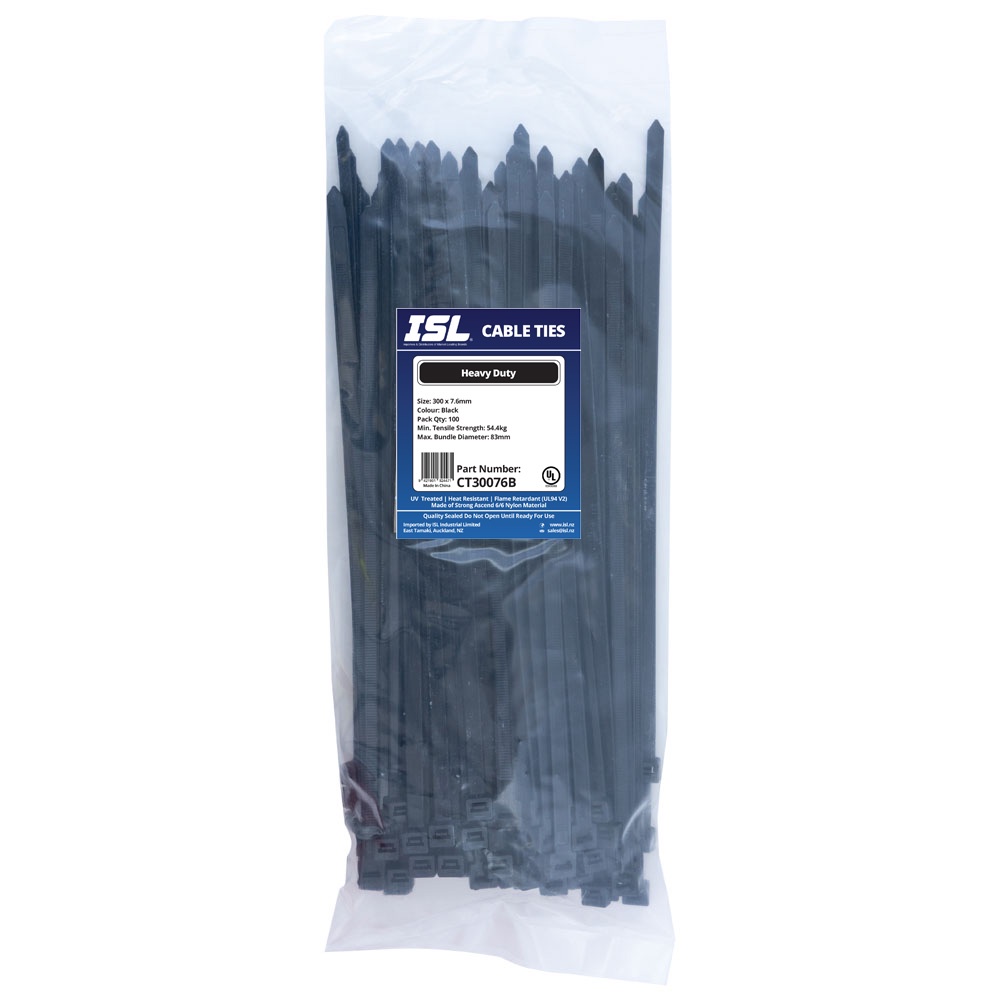ISL 300 x 7.6mm UV Nylon Cable Tie - Blk. - 100pk