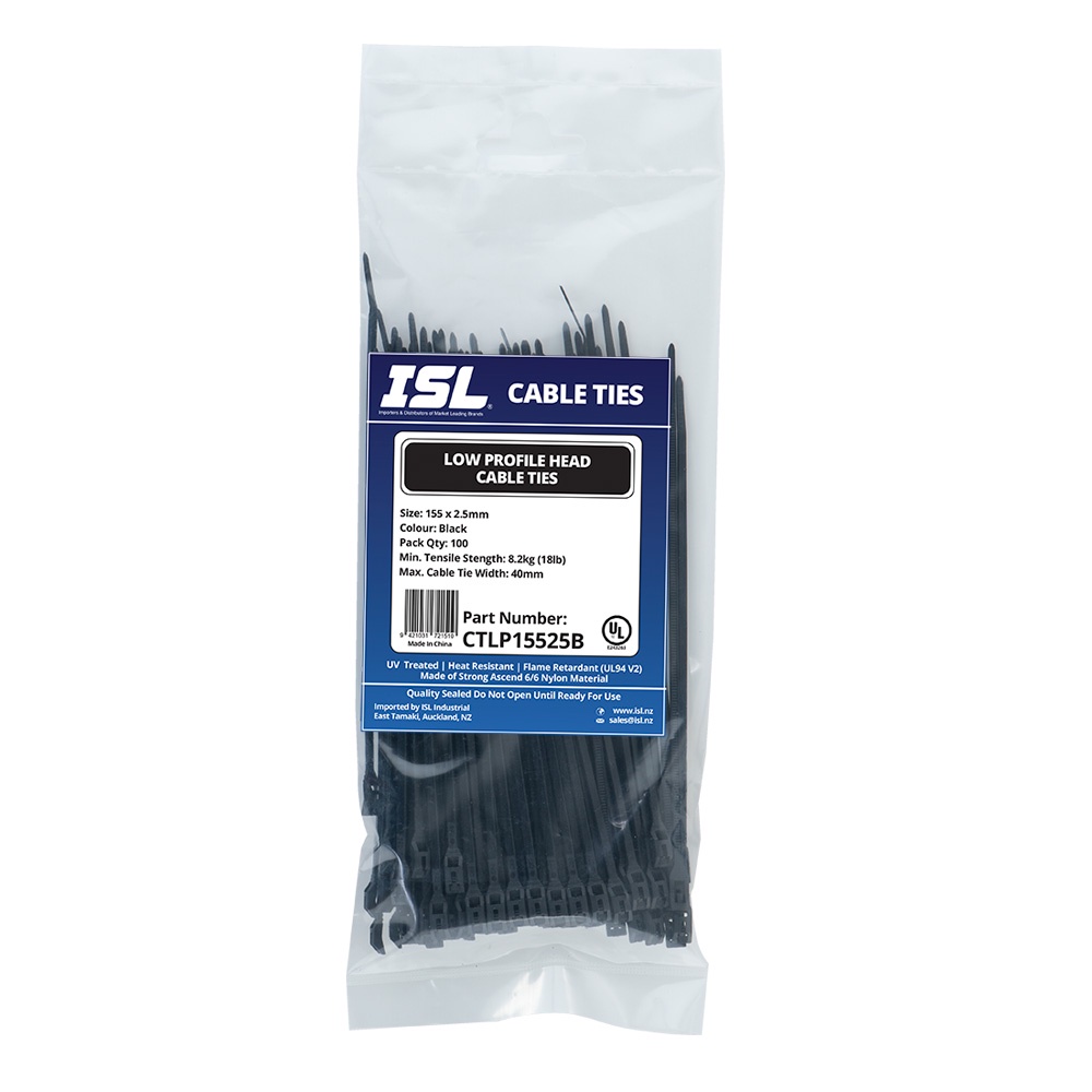 ISL 155x2.5mm Low Profile Cable Tie - UV Blk - 100pk