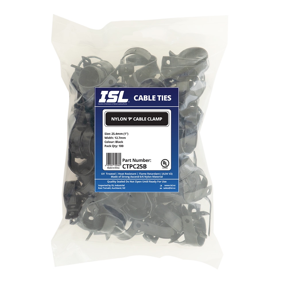 ISL Nylon 'P' Cable Clamp 25mm - Black - 100pk