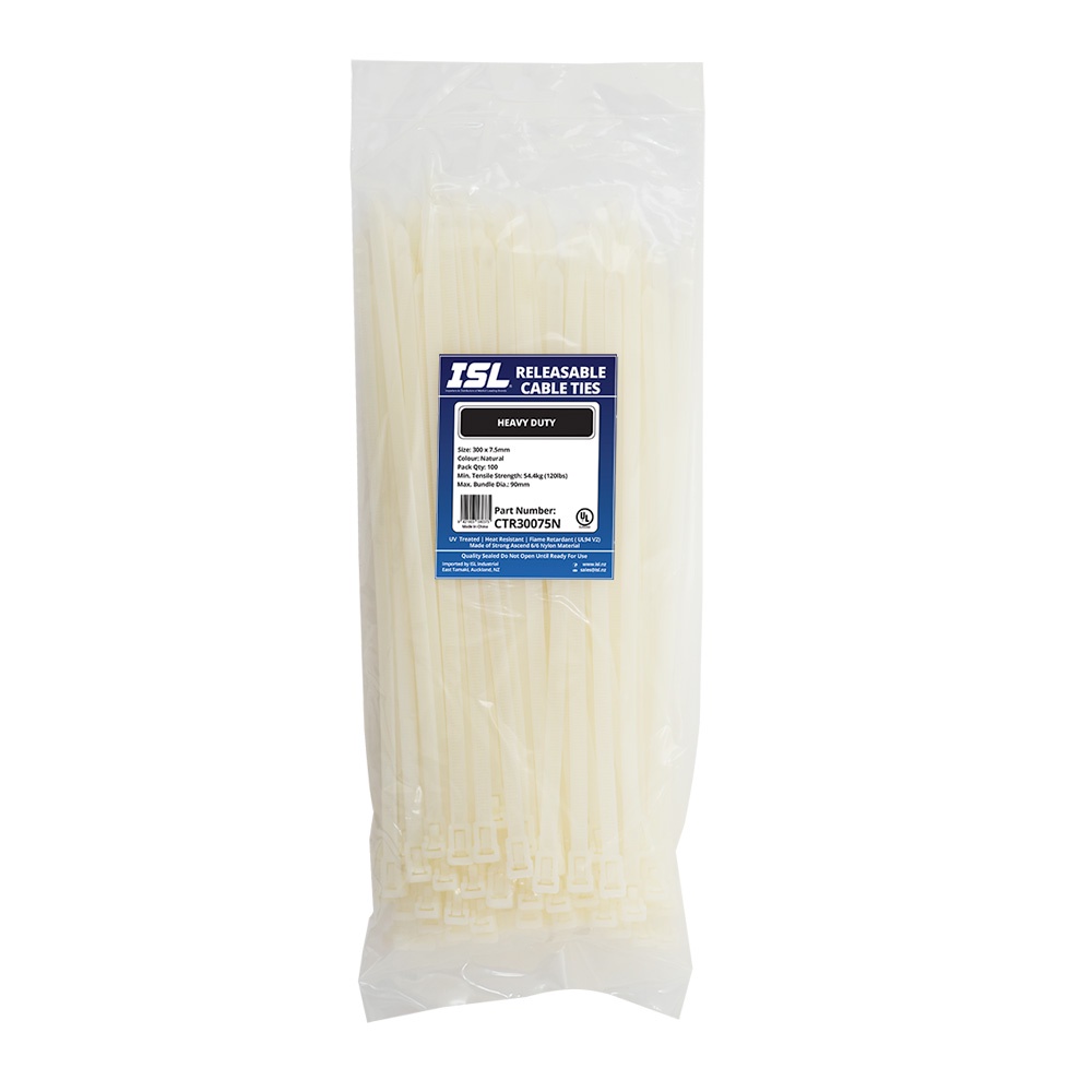 ISL 300 x 7.5mm Nylon Releasable Cable Tie - Nat - 100pk