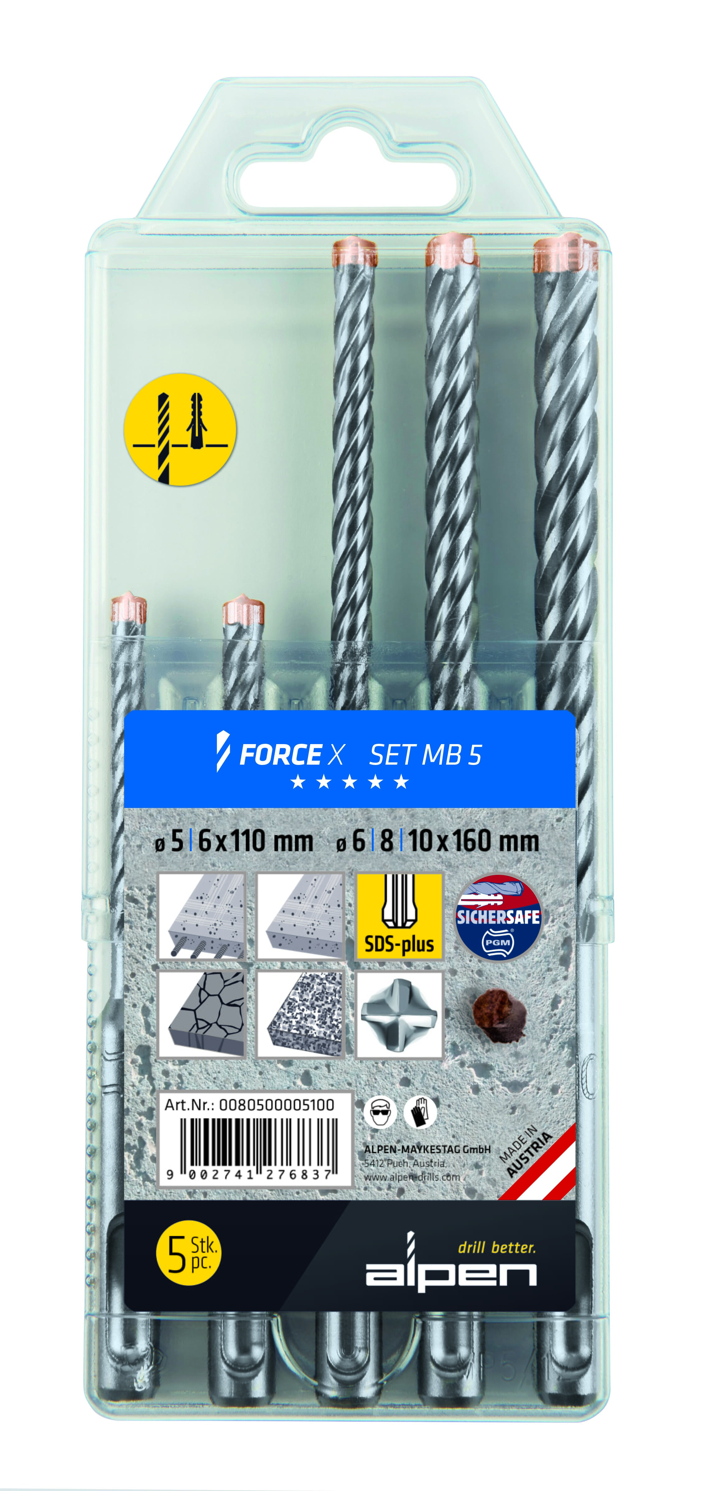 Alpen Series 805 Force X SDS-Plus Masonary Drill Set MB5 5pce