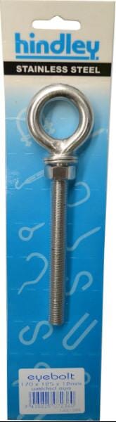 Hindley Eye Bolt Stainless Steel Welded Eye 12mm x 170mm Carded