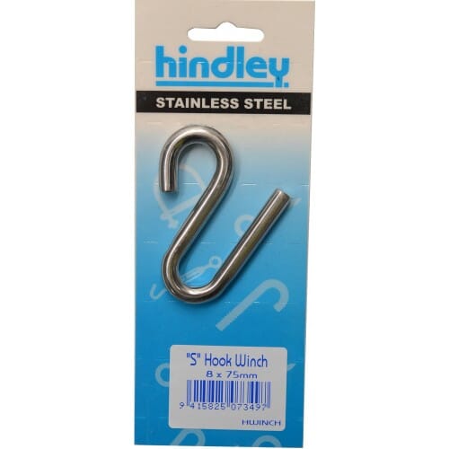 Hindley Winch S Hook Stainless Steel 75mm x 8mm Carded