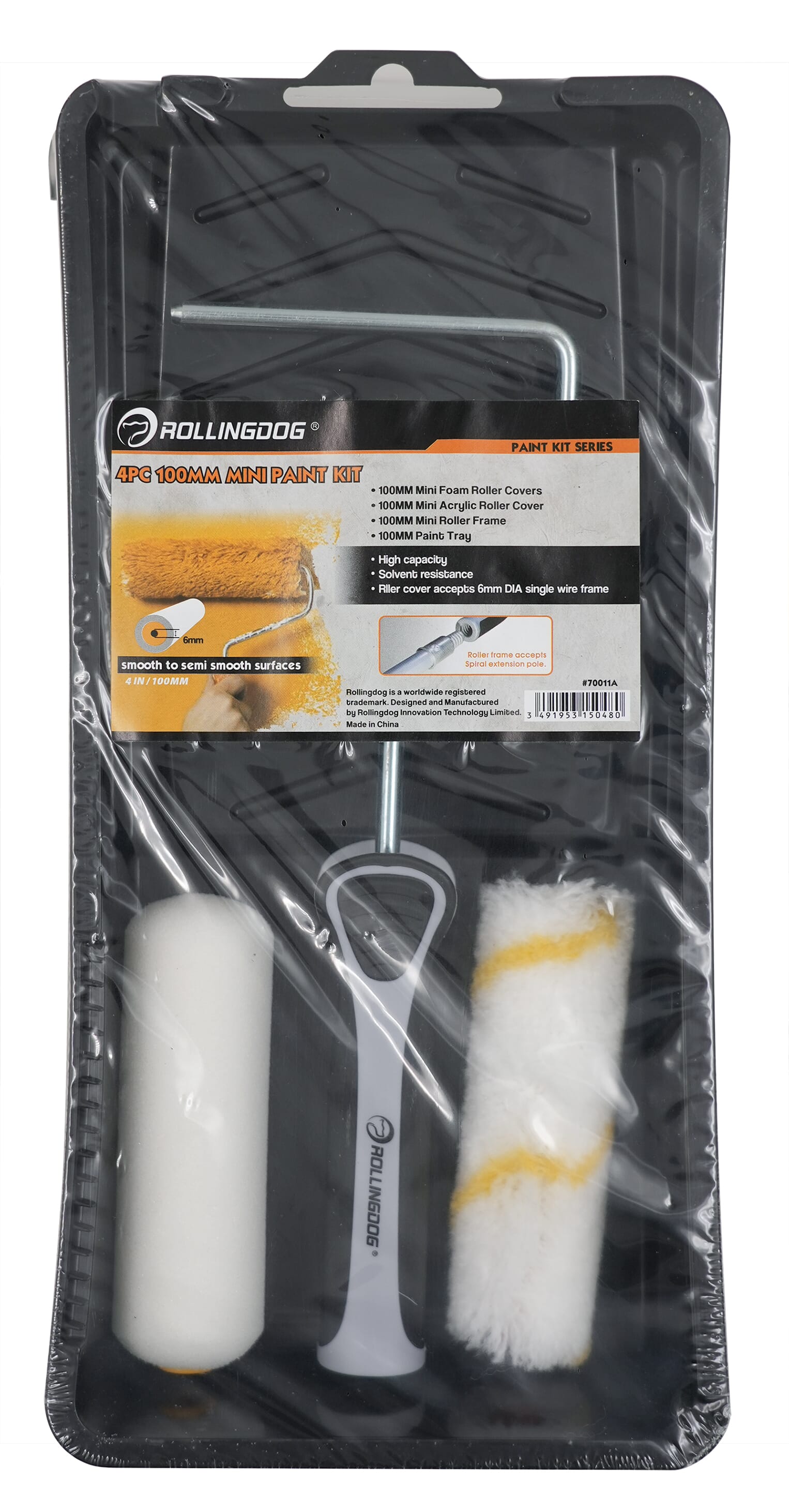 Rolling Dog Mini Paint Roller Kit With Tray Foam & Acrylic Sleeve 100mm