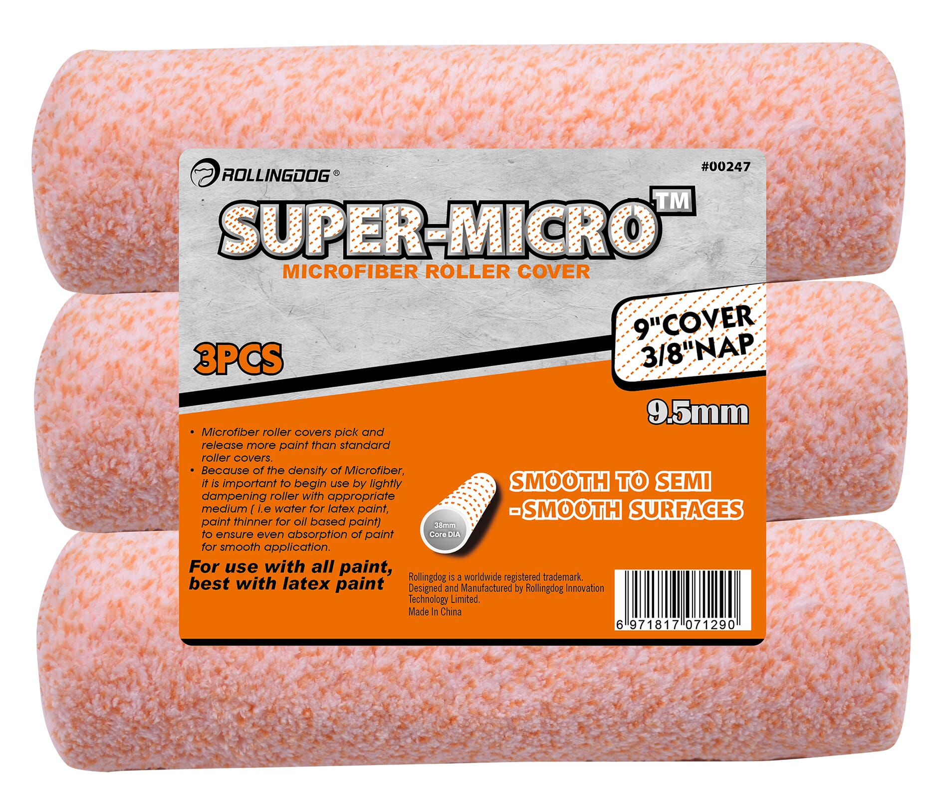 Rolling Dog Paint Roller Sleeves 230mm Microfibre 9.5mm nap 3 pack