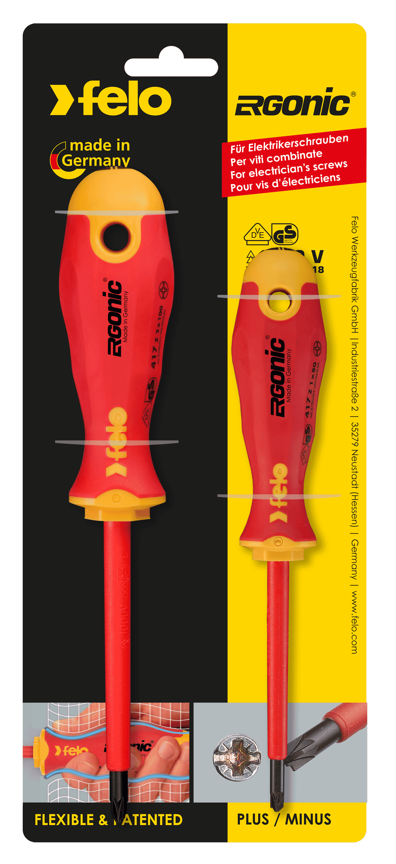 Felo 417 Ergonic Insulated Plus/Minus Screwdriver Set of 2 Sizes Z1 and Z2 Hardened Tip