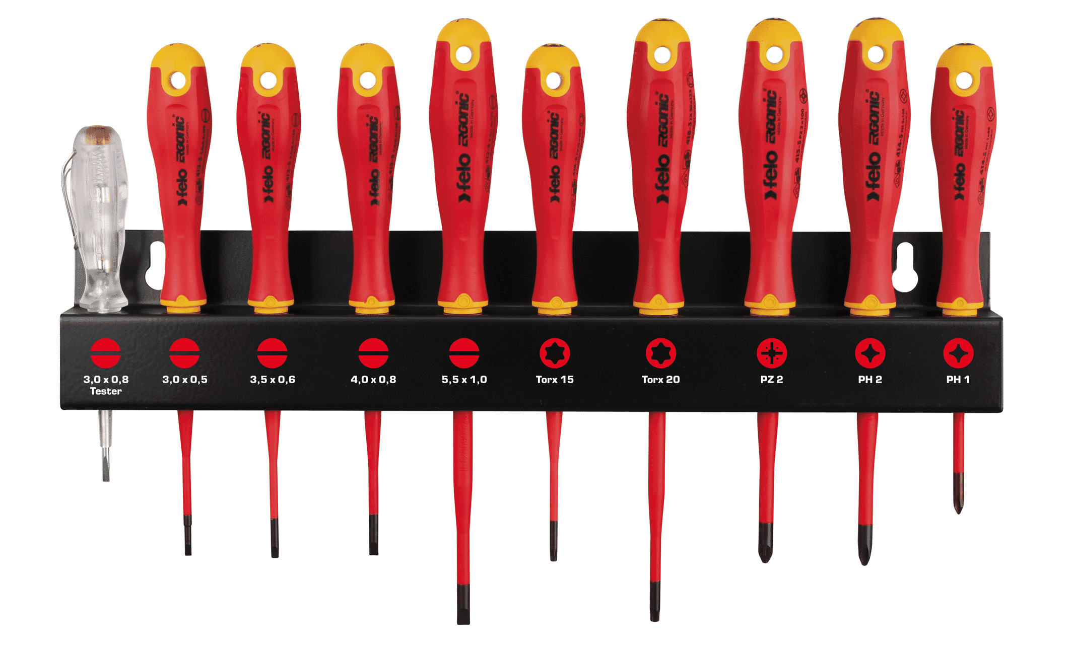 Felo 413 Series Ergonic E-Slim Screwdriver Set 10pc with Metal Rack