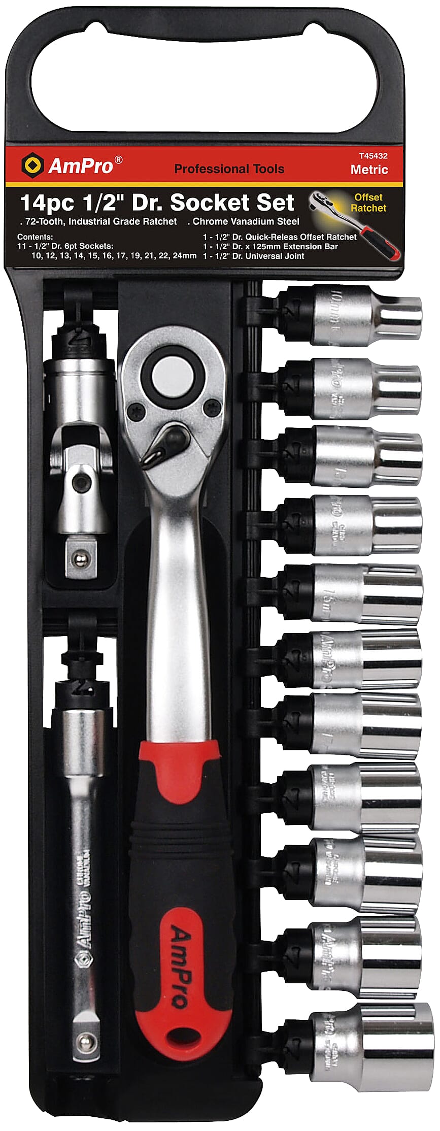 AmPro Socket Set 1/2"Dr 10-24mm 6pt 14pc (Open Rack Type)