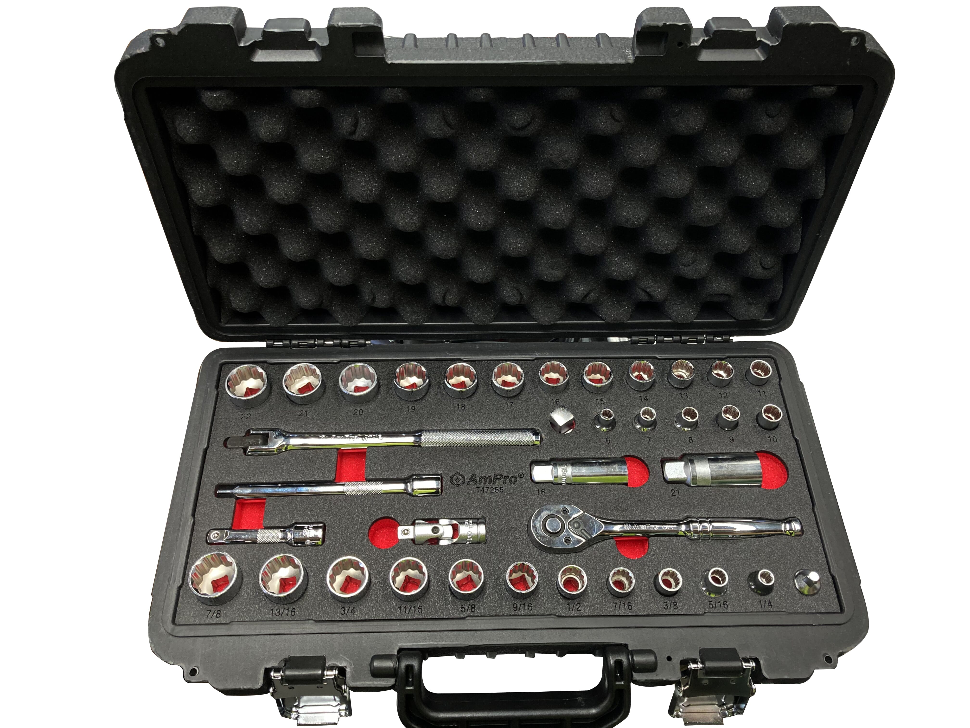 Ampro Socket Set 3/8"Dr 6-22mm & 1/4"-7/8" Metric/SAE 12pt 37pc (in Blowcase)